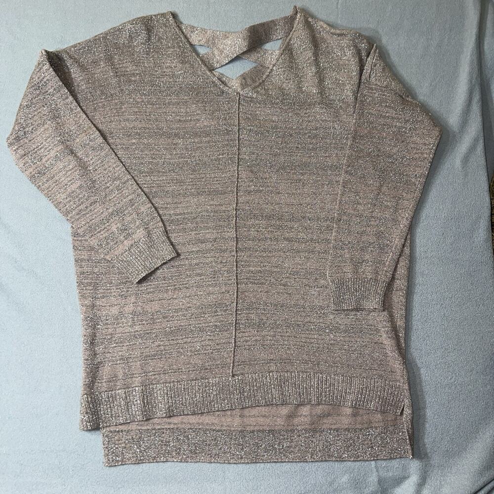 Self Pink Metallic Long Sleeve Top‎ Size Medium Crisscross Neckline And Back